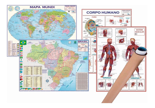 Mapa Mundi Brasil Corpo Enrolado 120 X 90 Cm-  Escolha Mapa