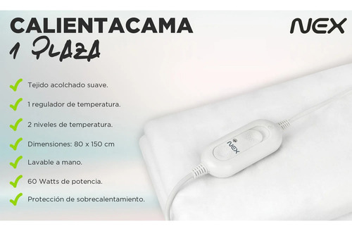 Calienta Cama 1 Plaza 60w 220v Blanco Nex Calienta Cama Liso