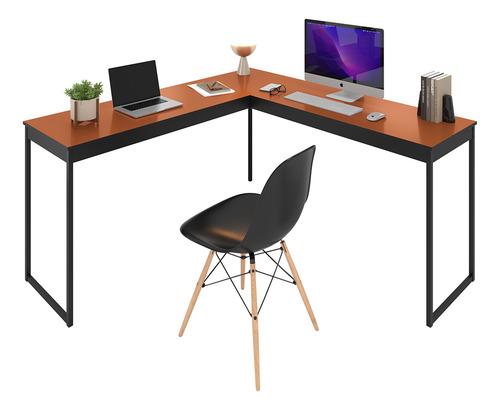 Mesa De Canto Em L Preto Com Cobre Para Home Office Ou Escritório - Estrutura Robusta E Design Industrial