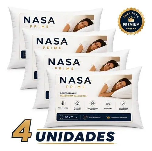 Kit 4 Travesseiros Nasa Prime 50x70 Silicone Fibra De Bambu Branco Percal