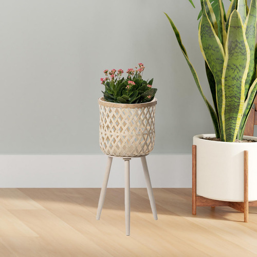 // Macetero De Suelo Con Cesta De Ratán, Beige 61x27,5cm