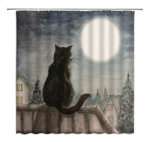 Gato Negro Cortina De Ducha Luna Noche Animal Gatito  N...