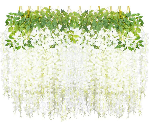Flores Artificial Wisteria 36pzs 1.1m Decoración Fiesta Boda Color Blanco ,Guirnaldas de Flores Artificiales de Glicina,Flor de Plastico Artificial para Hogar, Boda, Fiesta, Jardín, columpios