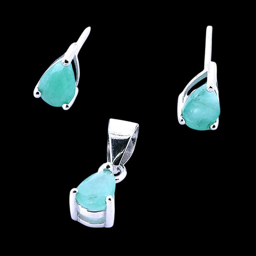 Juego De Plata Y Piedras Naturales Esmeralda, Rubí O Zafiro Color Verde Claro
