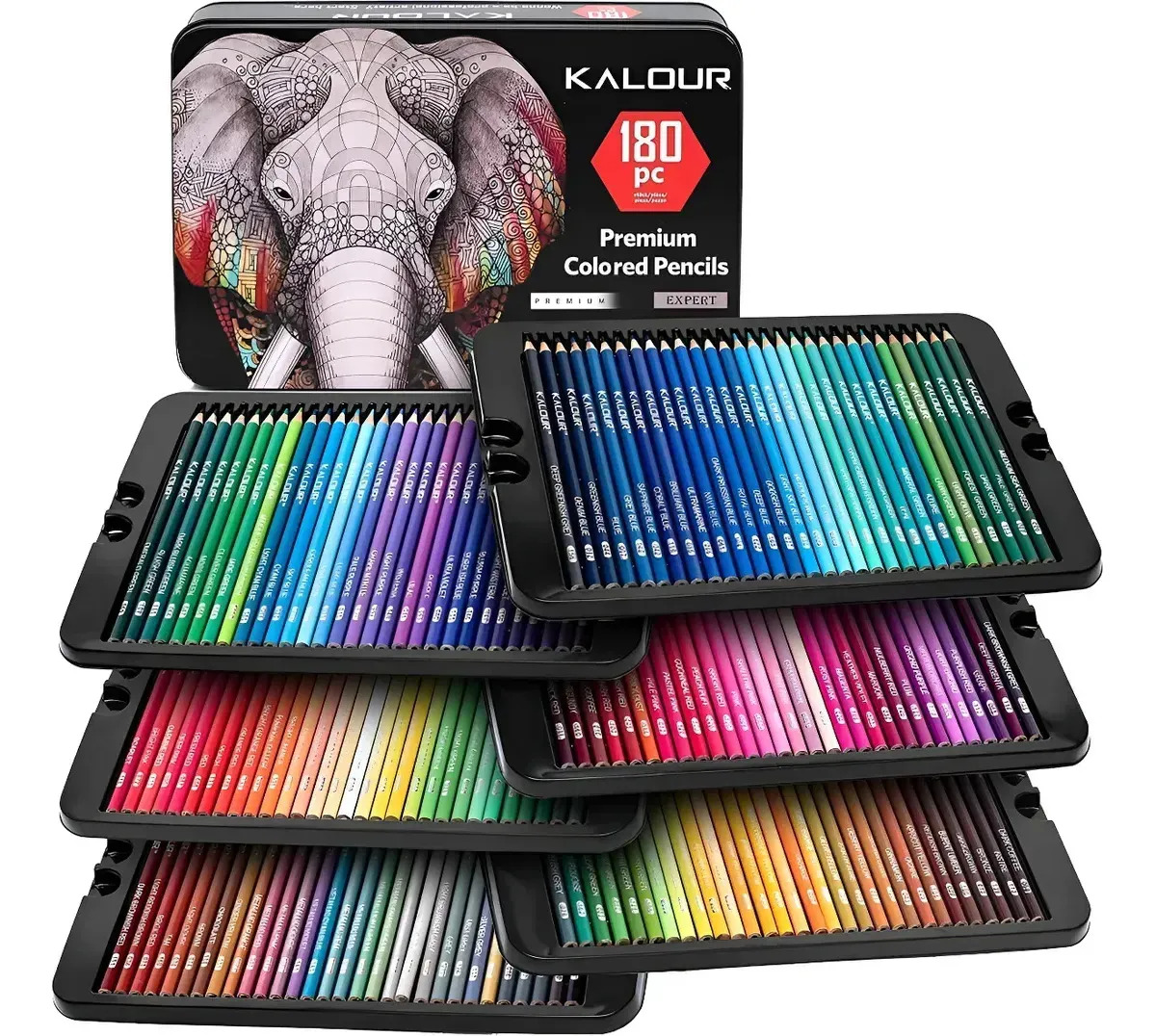 Set 180 Lápices de Colores Kalour en Estuche Metálico para Dibujo Artístico Profesional