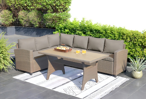 Sala de Jardin con 2 Sofás Y Mesa de Rattan Sintetico, Juego de Patio con Mesa y Cojines color Beige