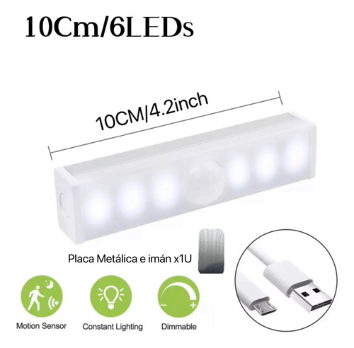 Luz Led Noche Sensor Movimiento Mixio Recargable Usb 10cm*2u