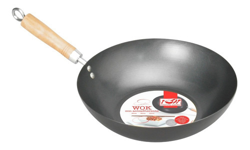 Wok Teflonado Con Antiadherente 25 Cm Mango De Madera Color Gris