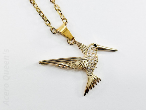  Dije Colibri Dorado Strass + Cadena Acero Quirurgico 