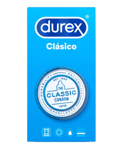 Durex Clásico 12 Condones Preservativos Látex Lubricados