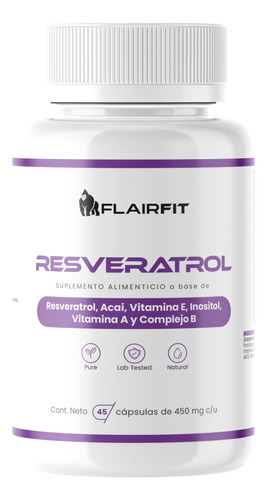 Suplemento Flairfit Resveratrol, Acai, Inositol, 45 Cápsulas