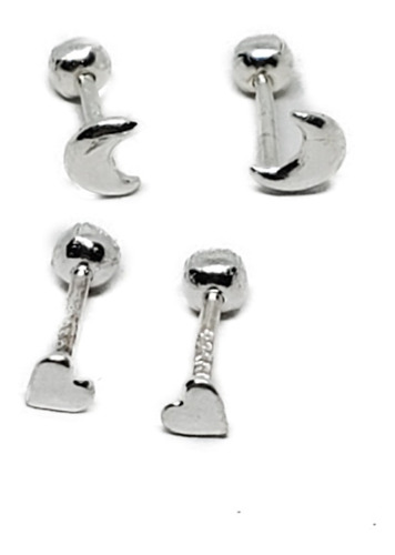 Aretes Luna Y Corazon Mini 3 Mm Plata 925 Y Estuche G20