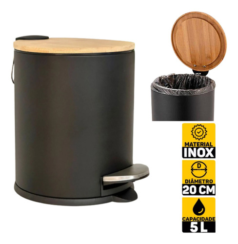 Lixeira Com Pedal Tampa De Bambu 5 Litros Inox Banheiro Cor Preto