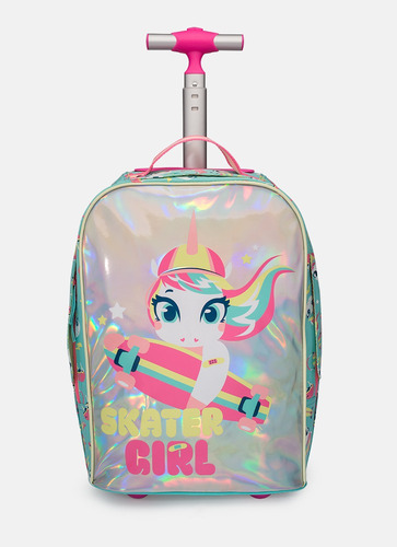 Mochila Escolar Pequena Com Rodinha Unicórnio Skate - Puket Cor Verde Água