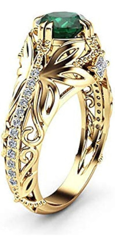 Anillo De Circonio Verde Simulado Verde Chapado En Oro