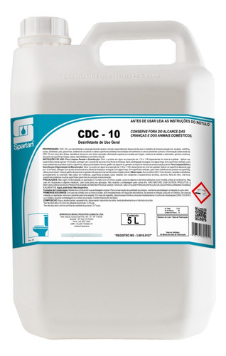Desinfetante Cdc 10 Spartan 5l Elimina Vírus E Bactérias