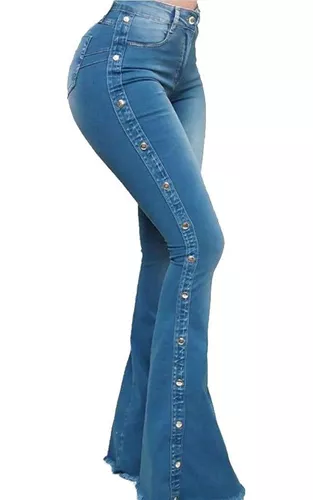 TNXZ Pantalones Vaqueros De Cintura Alta para Mujer con Diseño De Campana,  Cintura Alta para Juniors,Blue,S