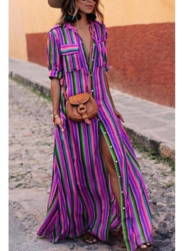 Vestido De Arcoíris Holgado A Rayas Con Puntos Rojos Bohemio