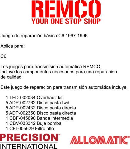 Kit Reparacion Transmision Auto C6 E250 Van 1976-83 6.9l