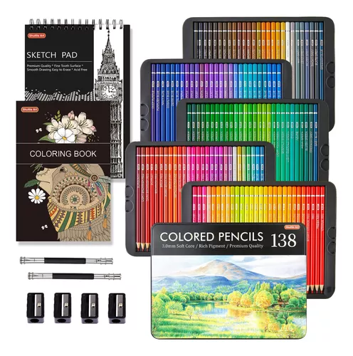 Shuttle Art - Lápices de colores profesionales de 138 colores, juego de  lápices de colores suaves con 1 libro para colorear, 1 bloc de bocetos, 4