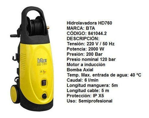 Hidrolavadora Bta 200 Bar Hd 760 Con 5 Mtrs Verashop