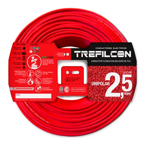 Cable Unipolar 2.5mm Trefilcon Normalizado 100 Metros Rojo