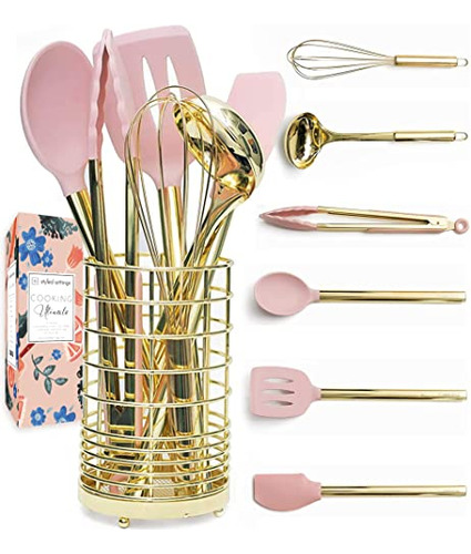 Juego De Utensilios De Cocina Dorados Y Rosas Con Soporte -