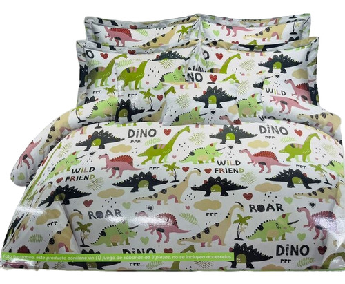 Juego Sabanas Estampa Infantil 1 1/2 Plaza City Blanco Diseño De La Tela Dinos