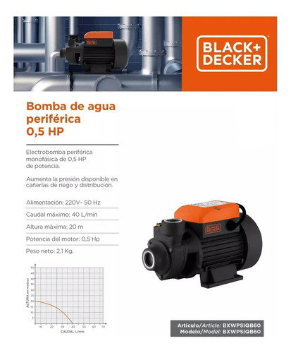 Bomba Periférica De Agua Elevadora Black + Decker Qb60 20mts 40lts/min 1/2 Hp 375w