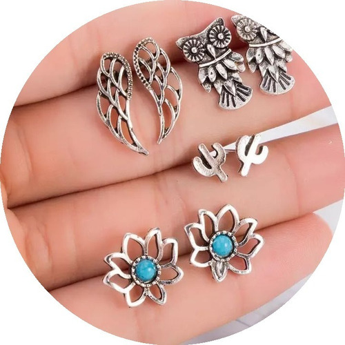 Set De Aros Búho Plumas Flor Cactus Piercing Belleza Aritos