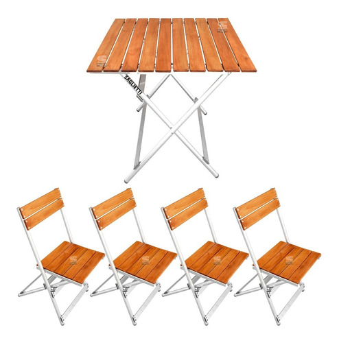 Imagen 1 de 10 de Mesa Plegable Aluminio Madera 84x75 + 4 Sillas Balcon Jardin