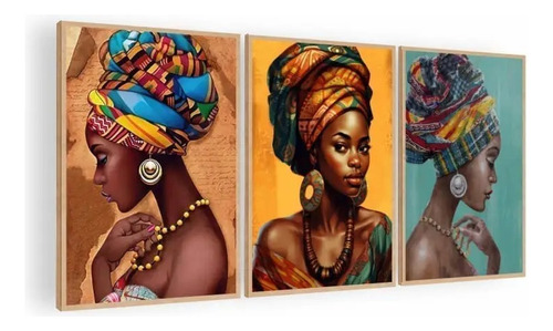 Cuadro Mural Triptico Decorativo Mujeres De Africa 90x42 Cm