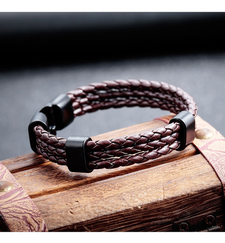 Imagen 3 de 3 de Pulsera 3 Líneas De Piel Café Con Poliuretano - 1125
