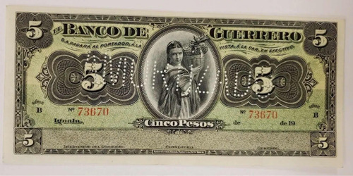 Billete 5 Pesos Banco De Guerrero Unc Amortizado Porfiriato