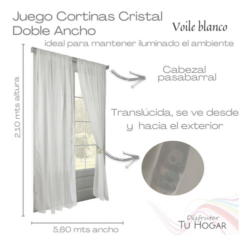 Imagen 2 de 6 de Cortinas Voile Niza Tela Living Doble Ancho Cristal Oregon