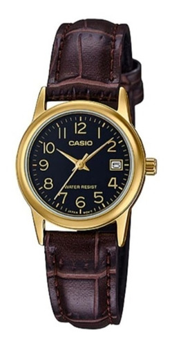 Relogio Casio Feminino Ltp-v002gl 1bu Dourado Couro Marrom Fundo Preto