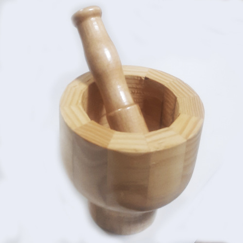 Pilão De Bambu Com Socador Moedor Temperos Alho Triturador