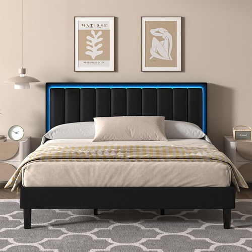 Bed Frame King Size Color Black C/cabecera Con Luz Led