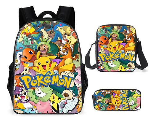 Set Mochila Escolar Pokemon Lonchera Estuche Color Set Pikachu Y Pokemones Diseño De La Tela Liso