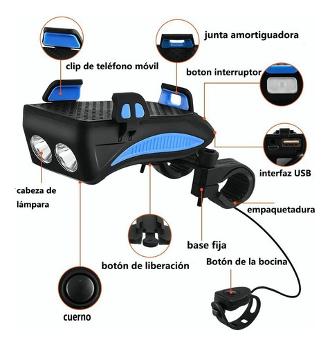 4 Em 1 Farol Bicicleta Suporte Celular Power Bank Buzina