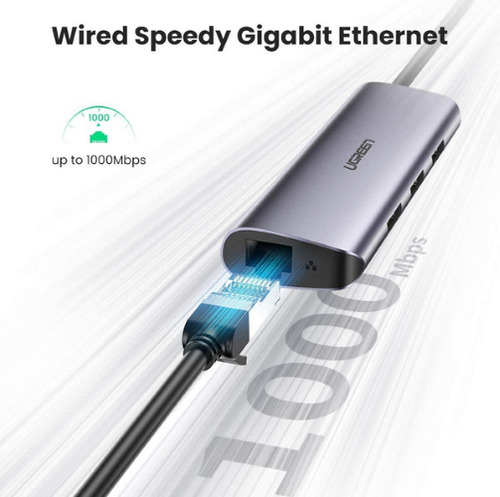 Hub 5 Em 1 Ugreen Usb-c Para 3* Usb 3.0 + Rj45 + Tipo-c Pd