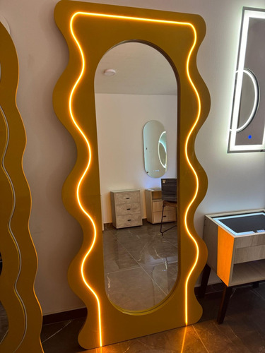 Espejo Marco Laqueado Con Luz Neon - Iludecodesign Dopamine Amarillo