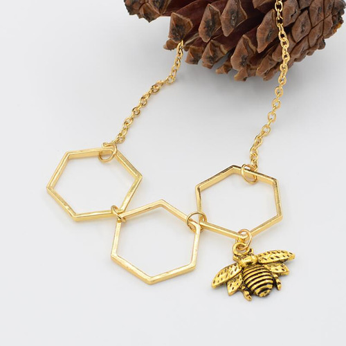 Colar Com Pingente De Abelha Hexagon Honeycomb Bee Colar Nic