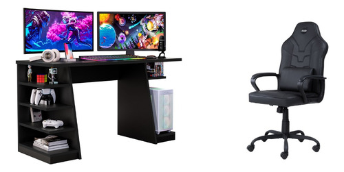 Mesa Escrivaninha Gamer Star + Cadeira Couro Sintético - Rm Cor Preto