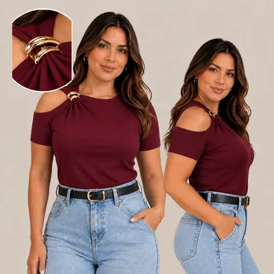 Blusa Plus Size Feminina Suplex Ombro Vazado Fivela P028 Vinho G3 46-48