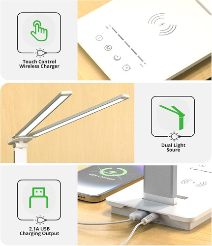 Lámpara De Escritorio Led Doble Cabezal Con Cargador Inalámb