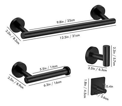 K Juego De Accesorios Baño Negro Toallero Ganchos Para