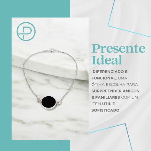Pulseira Feminina Prata 925 Polida Medalha Atemporal Onix