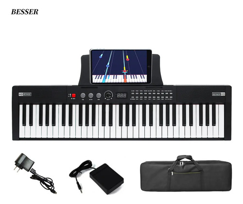 BESSER Teclado Musical Negro de 61 Teclas de 2.2 cm, Sensibilidad Ajustable, Bluetooth MIDI, USB MIDI, Batería Recargable, 128 Tonos y 128 Ritmos