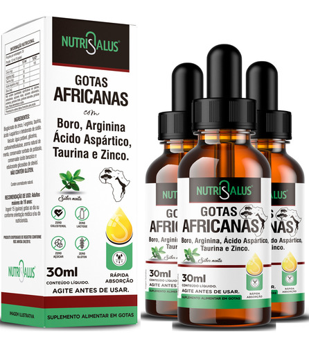 Kit 3 - Gotas Africanas Com Arginina, Taurina, Ácido Aspártico, Boro, Zinco Em Gotas Rápida Absorção - Sabor Menta - Nutri Salus